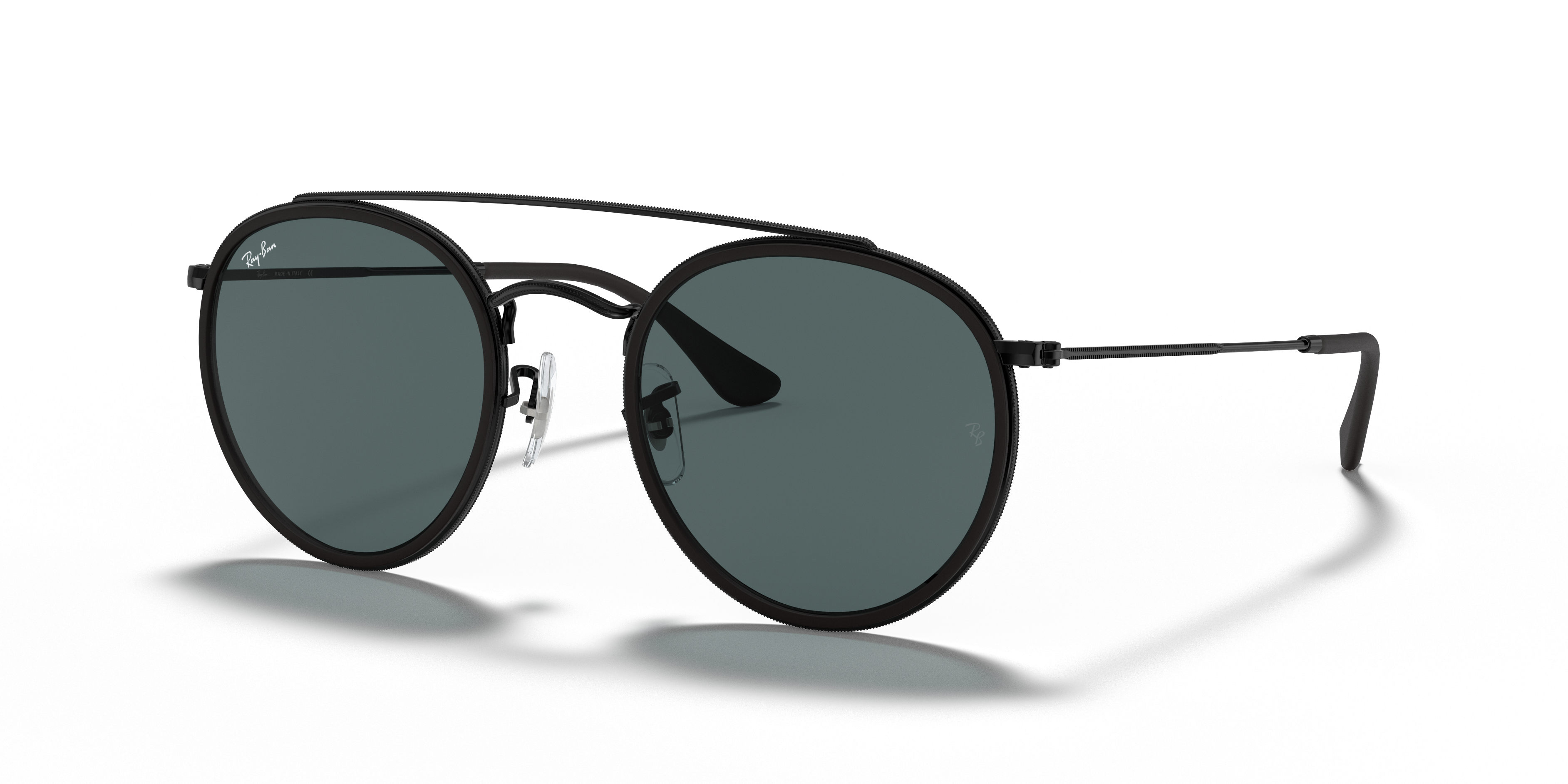 ROUND DOUBLE BRIDGE Polished Black Frame Blue/Grey Lenses 51-22