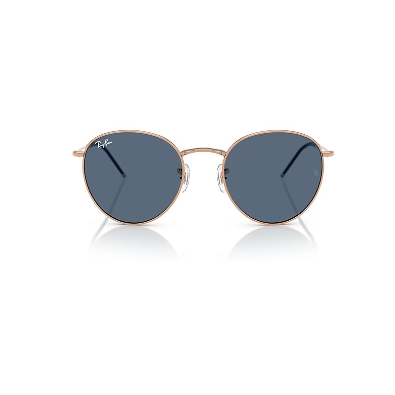 Ray Ban Round Reverse Sunglasses Rose Gold Frame Blue Lenses 55-21 In Rose Gold