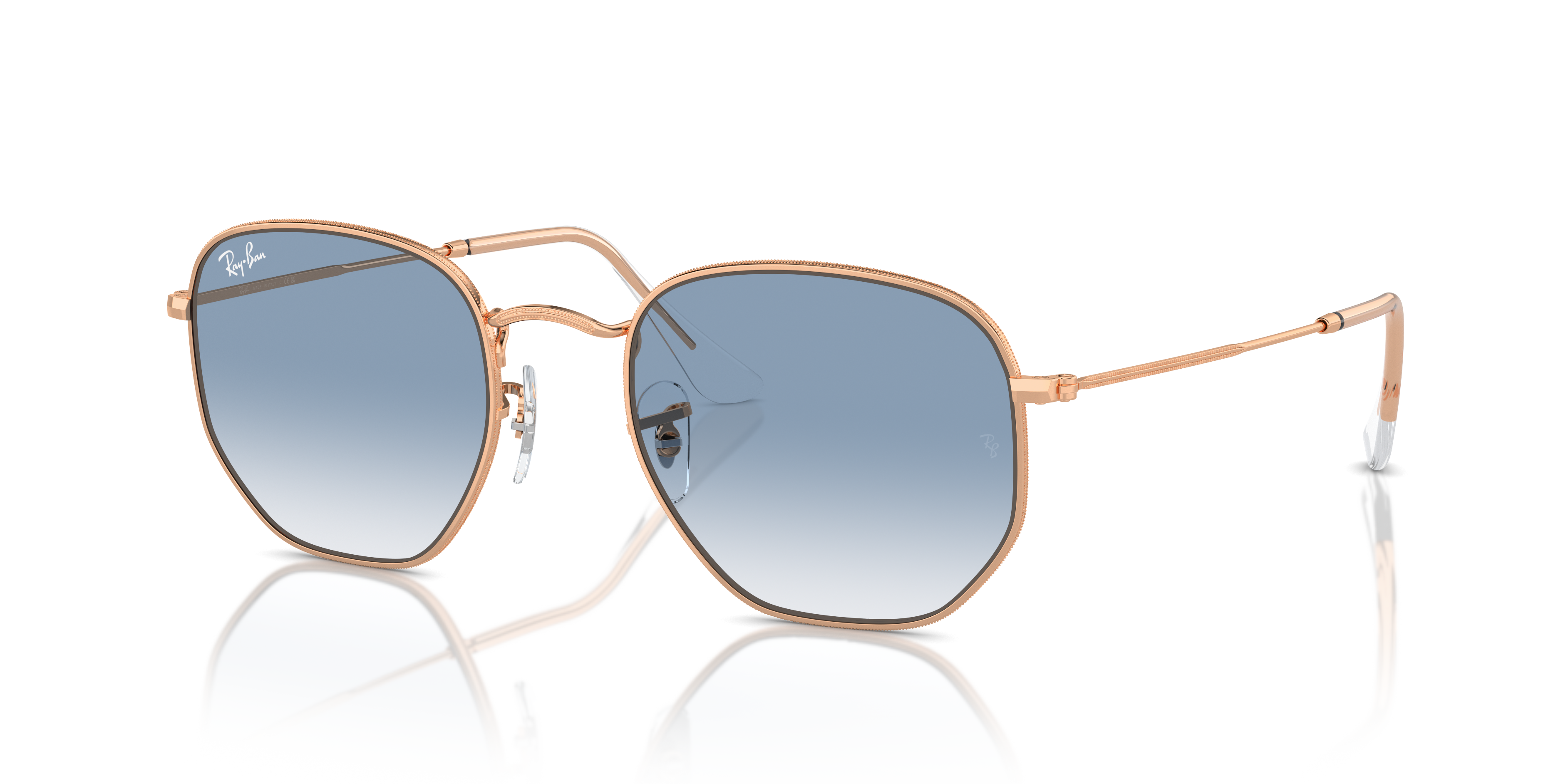 HEXAGONAL Polished Rose Gold Frame Clear & Blue Lenses 54-21