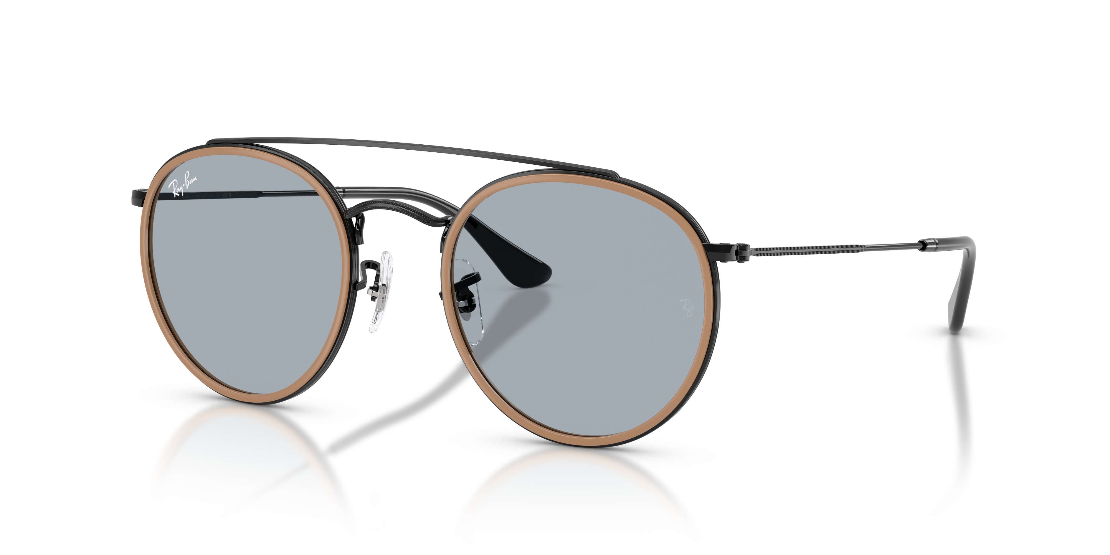 ROUND DOUBLE BRIDGE Polished Black Frame Blue Lenses 51-22
