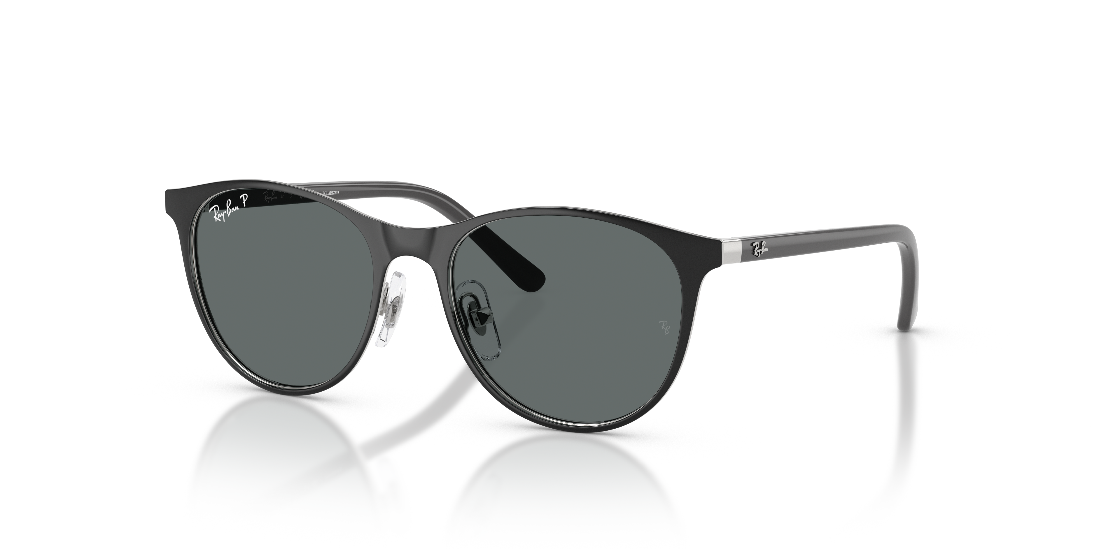 RB9552S KIDS Polished Black On Silver Frame Dark Grey Polarized Lenses 47-16