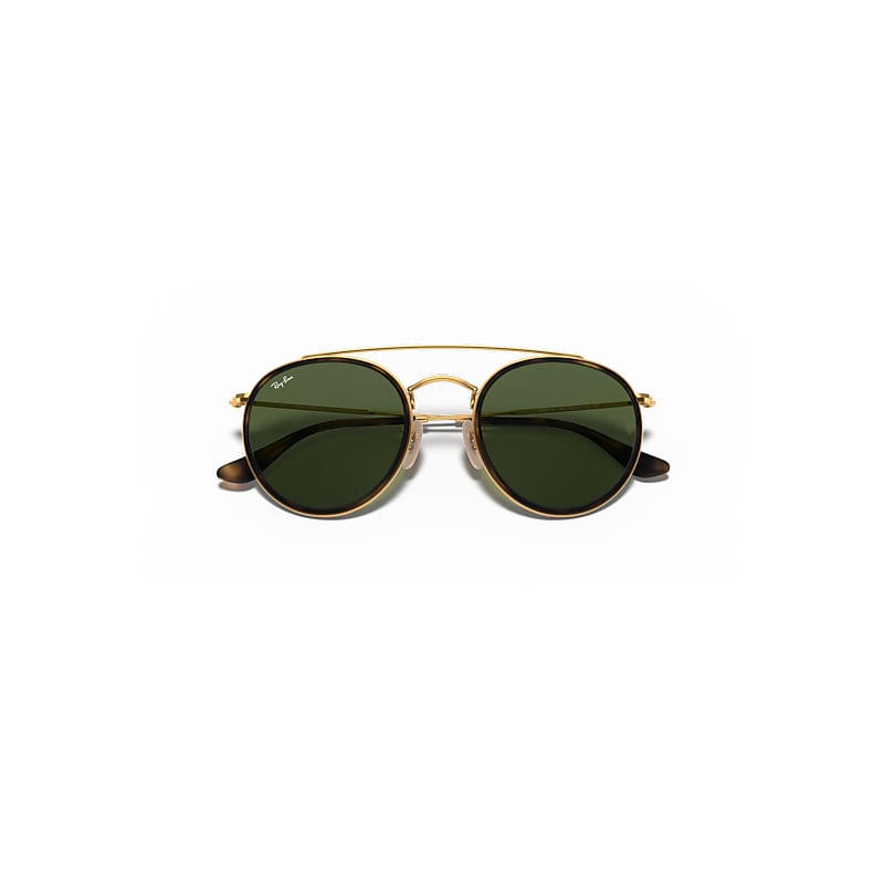 Ray-Ban Round Double Bridge Sunglasses Arista Gold Frame Green Lenses 51-22