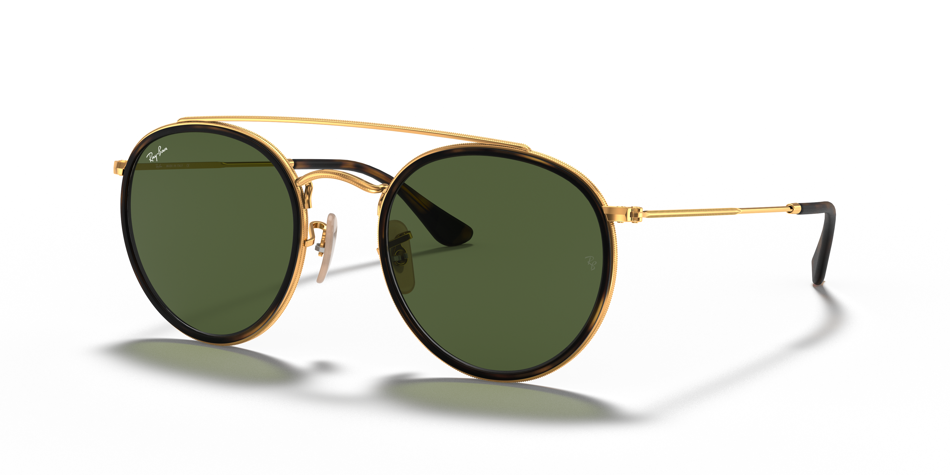 ROUND DOUBLE BRIDGE Polished Arista Gold Frame G-15 Green Lenses 51-22