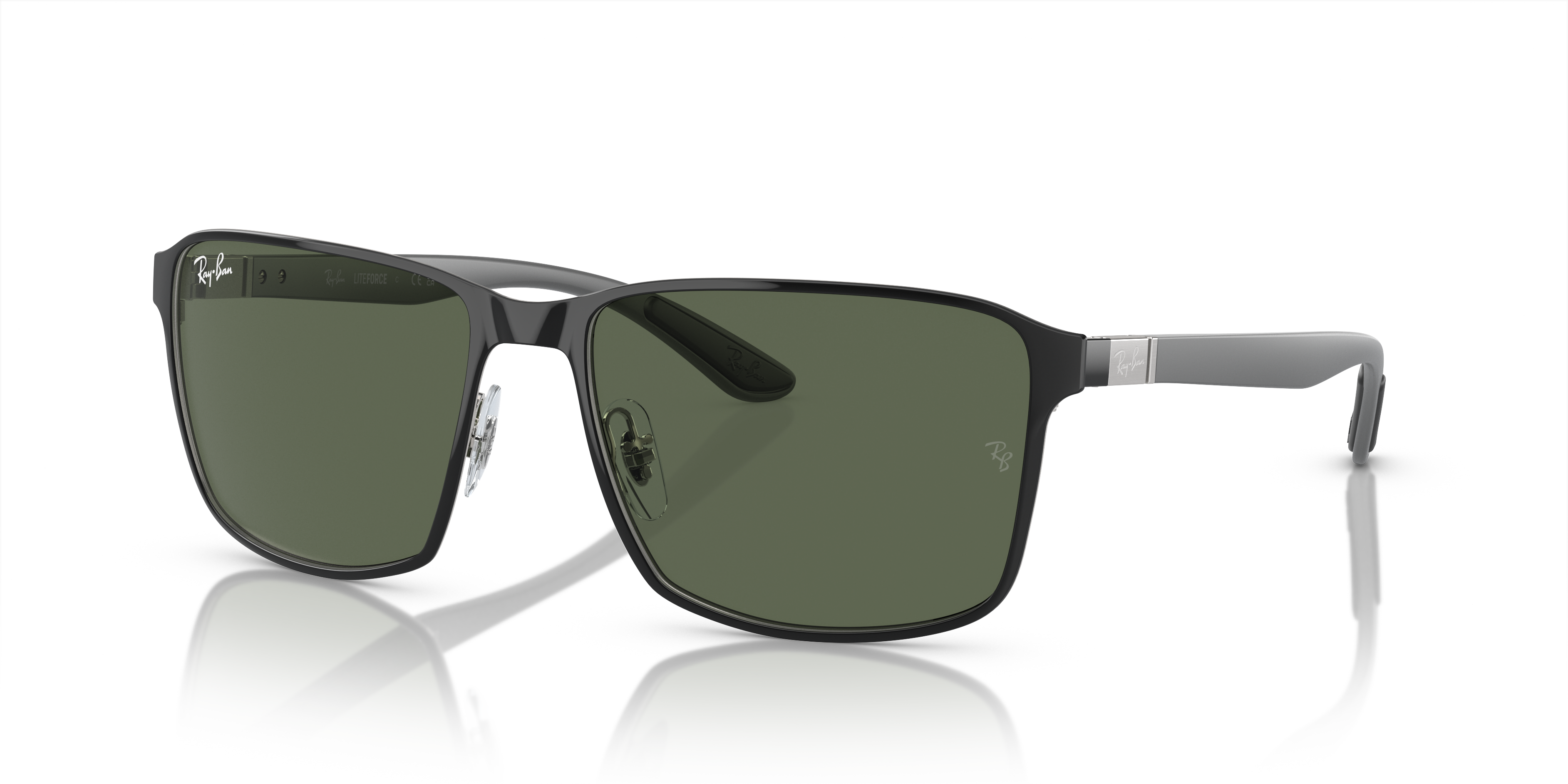 RB3721 Polished Black On Silver Frame Dark Green Lenses 59-17