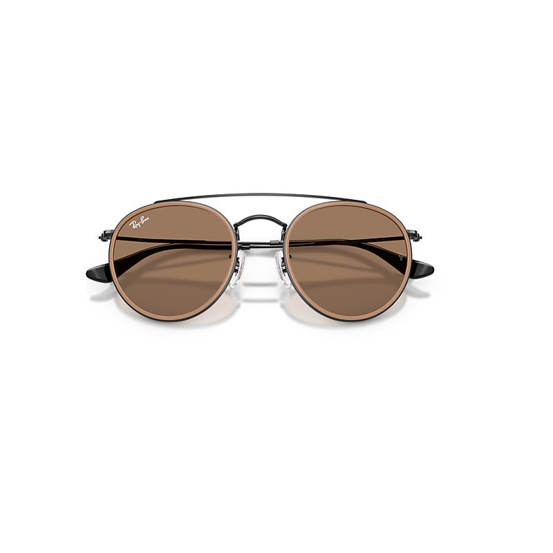 Ray-Ban Round Double Bridge Polarized+ Lenses Sunglasses Black Frame Brown Lenses 51-22
