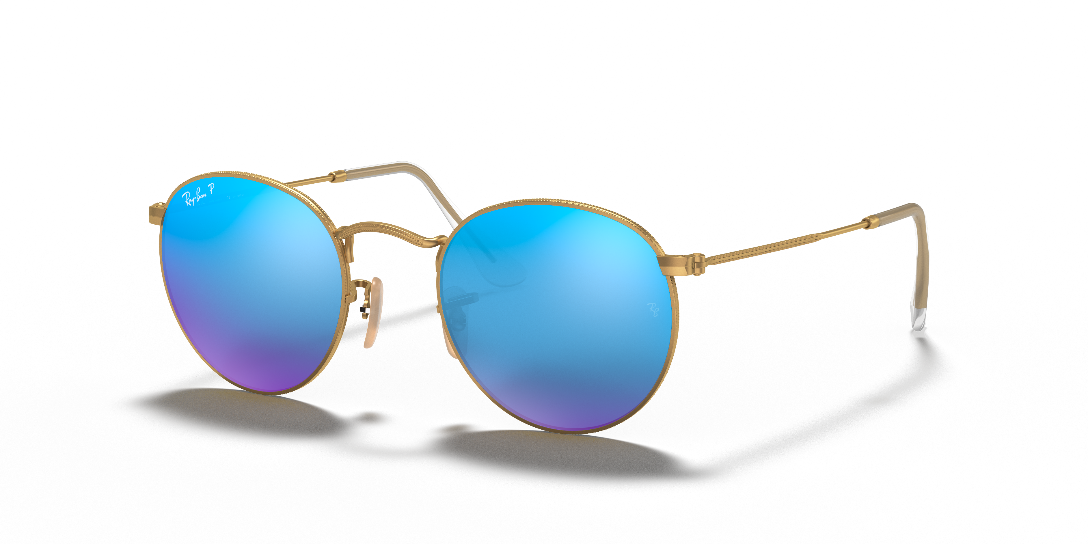 Erika Ray-Ban RB3447 偏光サングラス 青ミラー 丸型 ROUND FLASH LENSES Sunglasses in Gold and Blue Polarized - RB3447