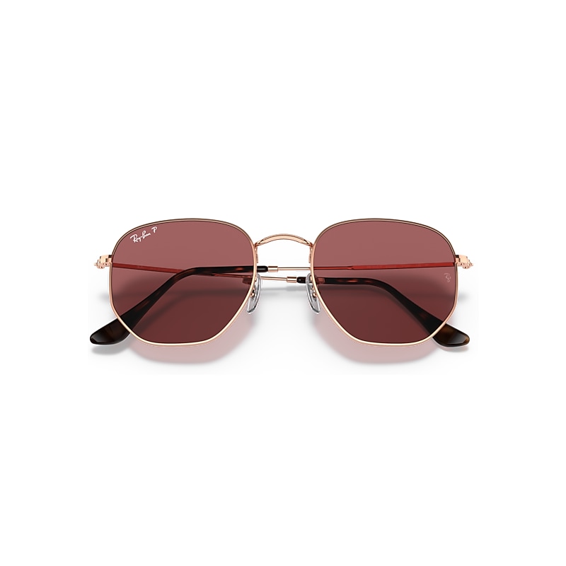Ray-Ban Hexagonal Flat Lenses Sunglasses Rose Gold Frame Violet Lenses Polarized 51-21
