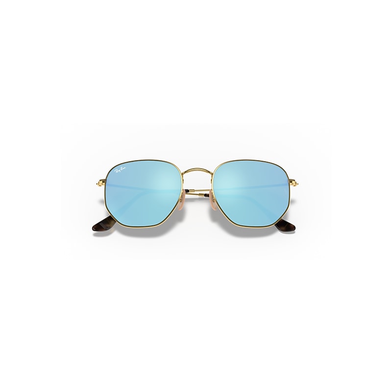 Ray-Ban Hexagonal Flat Lenses Sunglasses Arista Gold Frame Blue Lenses 54-21