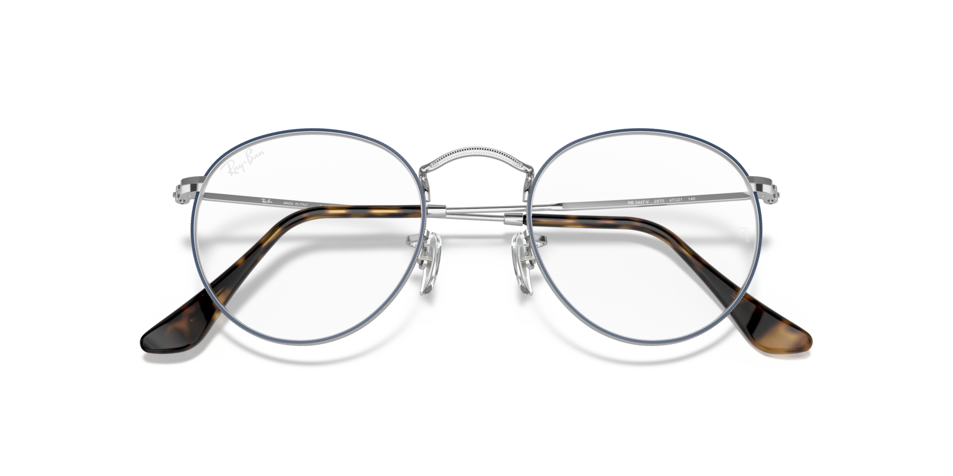 Ray-Ban Round Metal Optics Eyeglasses Blue On Silver Frame Clear Lenses 50-21 147$