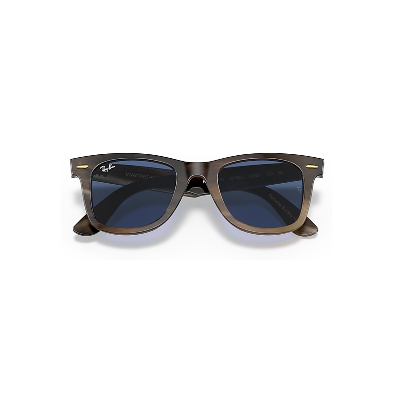 Ray-Ban Original Wayfarer Horn Sunglasses Light Brown Frame Blue Lenses 50-22